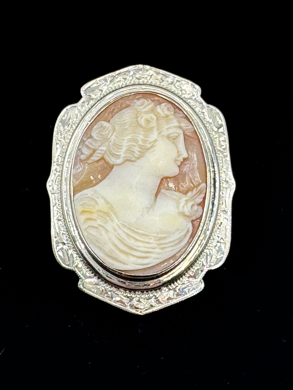 Vintage 14k White Gold & Real Shell Cameo Pin Brooch
